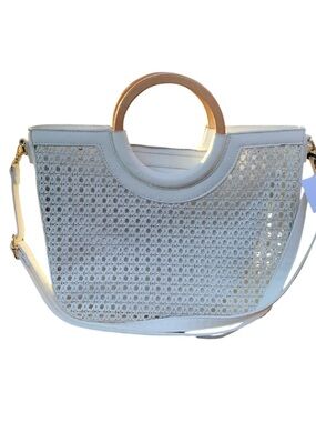 Mali + Lili white woven two-way bag with wooden handles and gold hardware